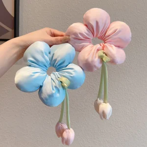 ผู้หญิง Dangle ทิวลิปดอกไม้รูปร่างเชือกผม Scrunchies หางม้าผูกผมเครื่องประดับผม